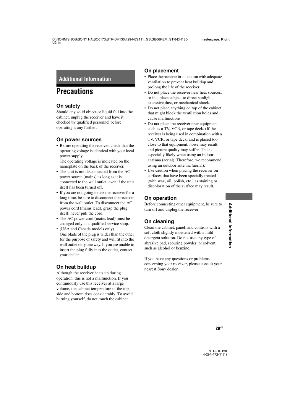 Additional information, Precautions | Sony STR-DH130 User Manual | Page 29 / 36