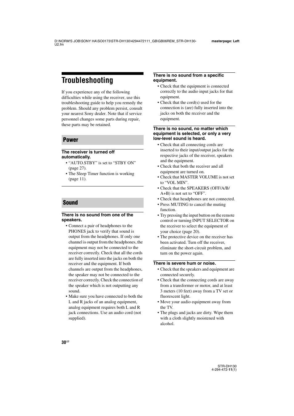 Troubleshooting, Power sound | Sony STR-DH130 User Manual | Page 30 / 36