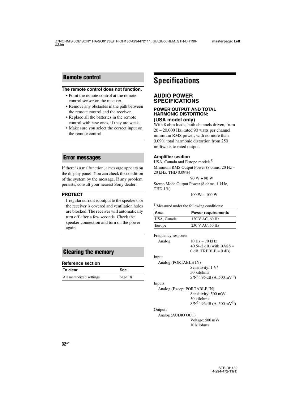 Specifications, Audio power specifications | Sony STR-DH130 User Manual | Page 32 / 36