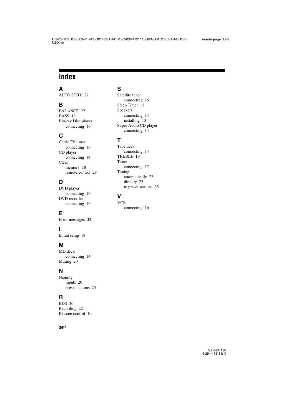 Index | Sony STR-DH130 User Manual | Page 34 / 36