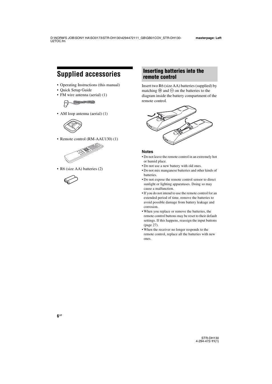 Supplied accessories, Inserting batteries into the remote control | Sony STR-DH130 User Manual | Page 6 / 36