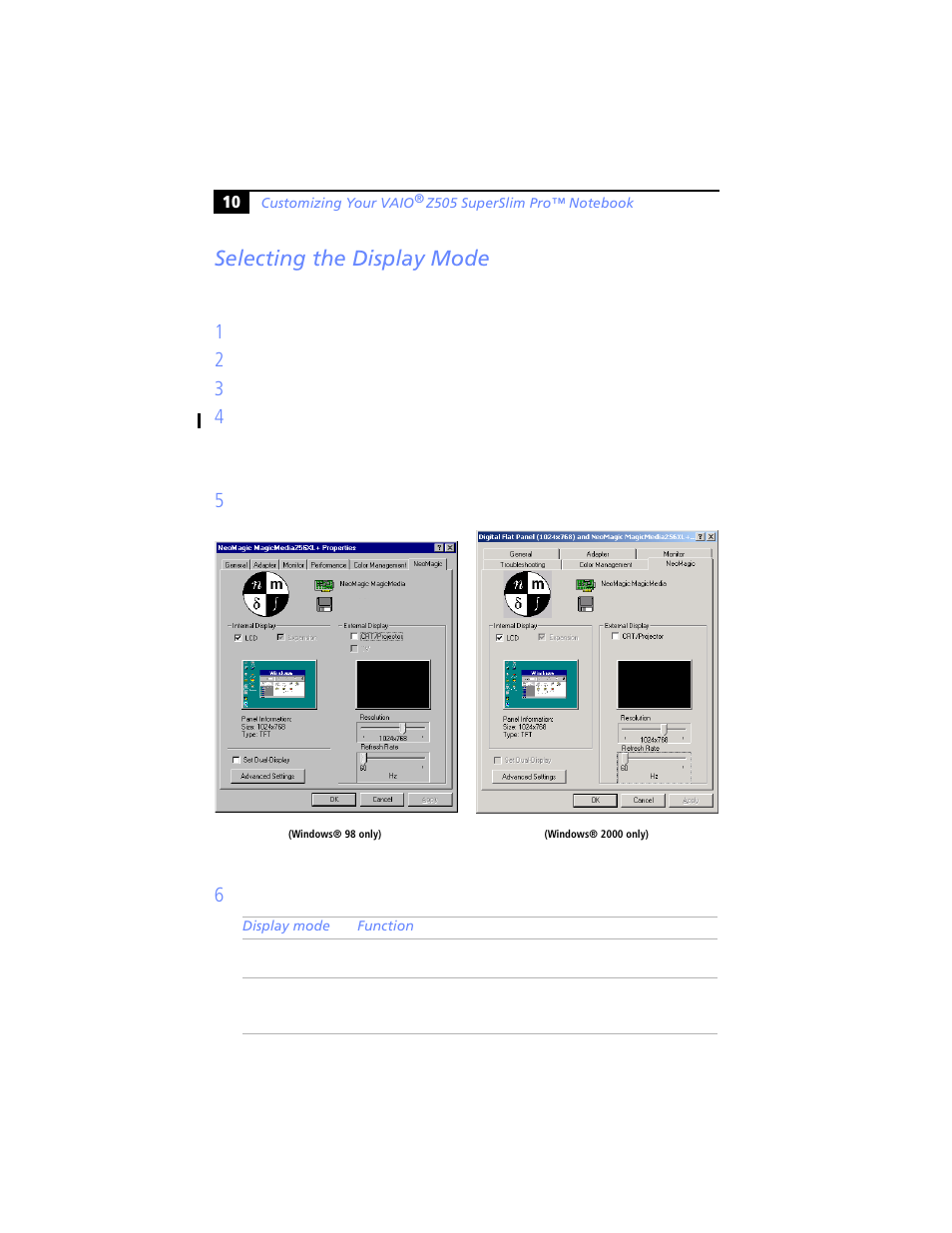 Selecting the display mode | Sony PCG-Z505JS User Manual | Page 10 / 16