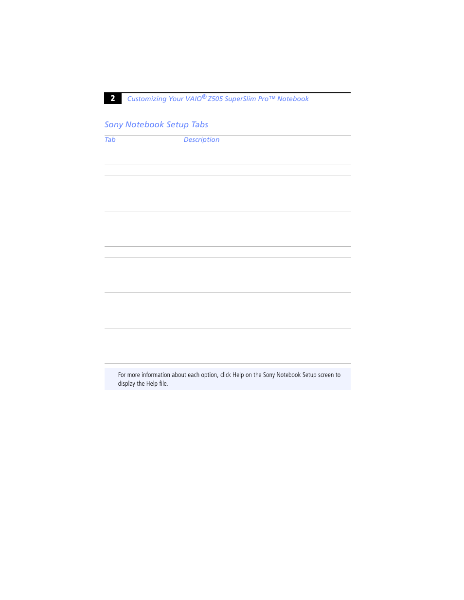 Sony notebook setup tabs | Sony PCG-Z505JS User Manual | Page 2 / 16
