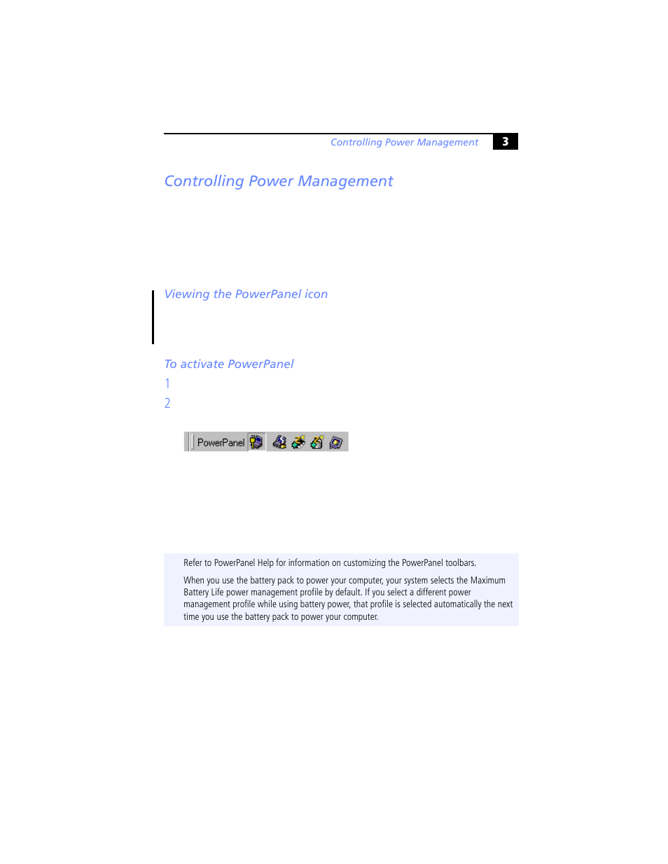 Controlling power management, Viewing the powerpanel icon, To activate powerpanel | Sony PCG-Z505JS User Manual | Page 3 / 16