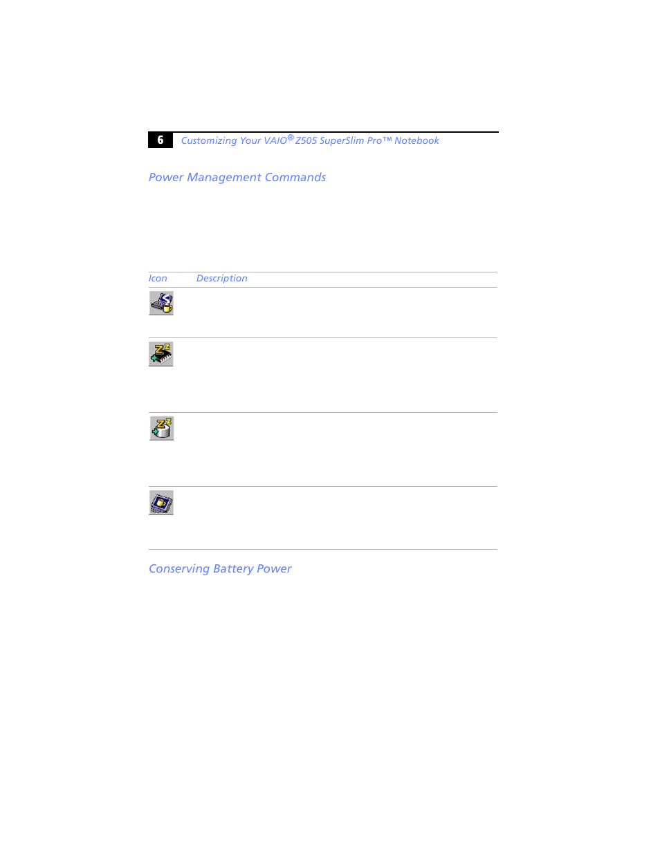 Power management commands, Conserving battery power | Sony PCG-Z505JS User Manual | Page 6 / 16