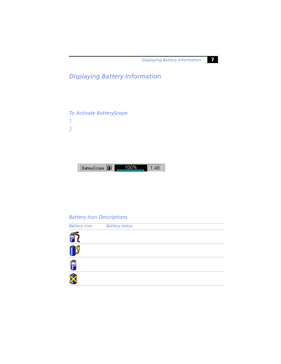 Displaying battery information, To activate batteryscope, Battery icon descriptions | Sony PCG-Z505JS User Manual | Page 7 / 16