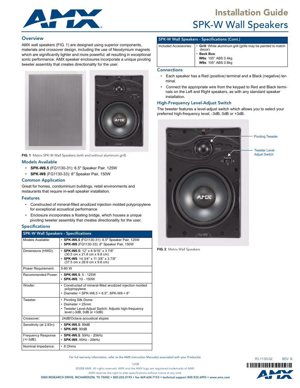 AMX SPK-W User Manual | 1 page