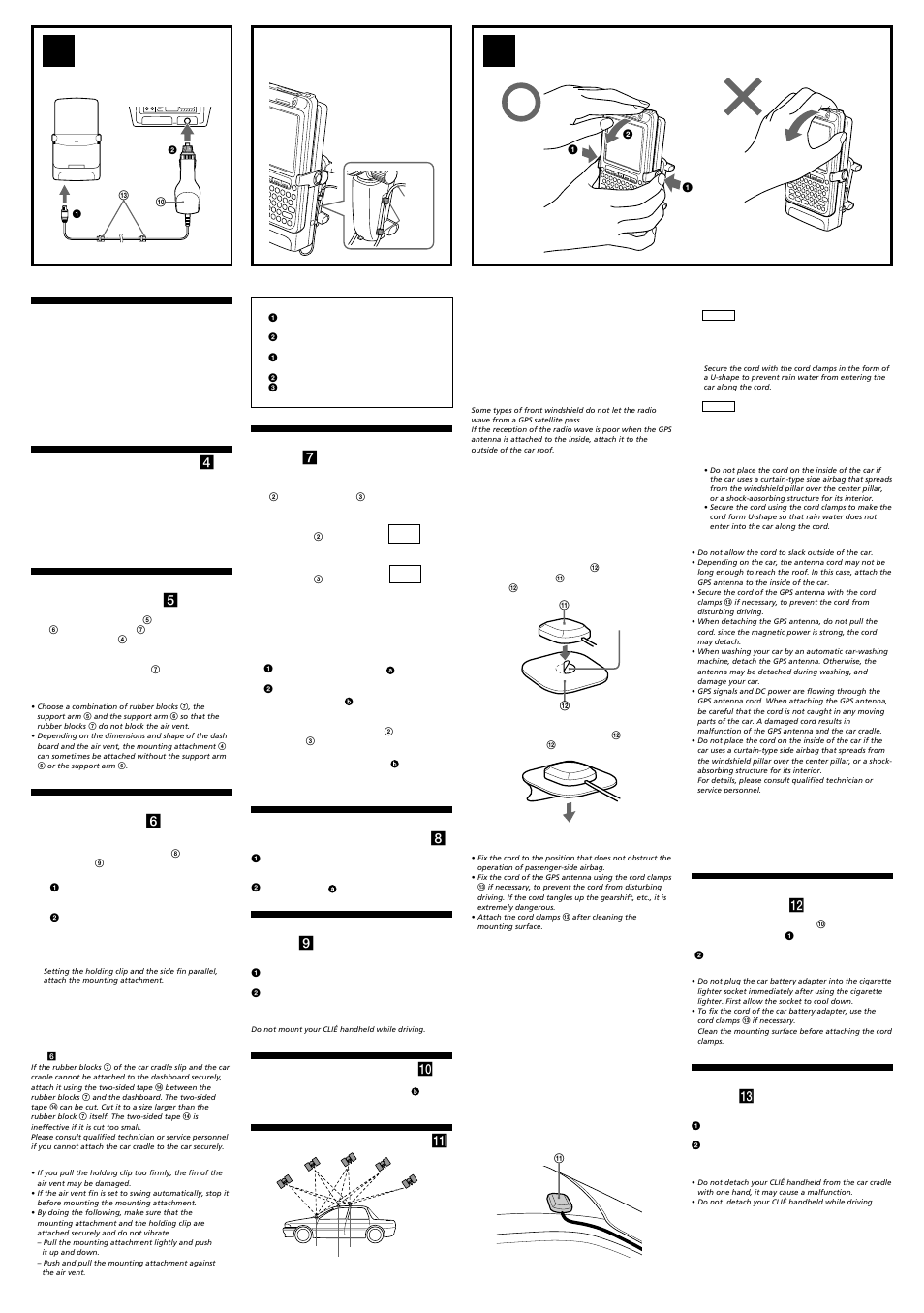 Precautions, Attaching condition (see fig. 4 ), Installing the mounting attachment (see fig. 6 ) | Attaching the holding arms (see fig. 7 ), Attaching your clié handheld (see fig. 9 ), Adjusting the angle (see fig. 0 ), Attaching a gps antenna (see fig. qa ), Connecting the car battery adapter, Connecting the car battery adapter (see fig. qs ), Detaching your clié handheld (see fig. qd ) | Sony PEGA-CC5 User Manual | Page 4 / 4