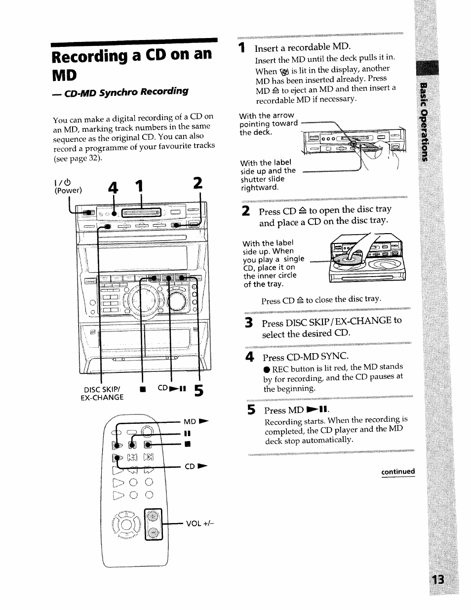 Recording a cd on an md, 1 insert a recordable md, 4 press cd-md sync | 5 press md | Sony DHC-MDX10 User Manual | Page 13 / 92