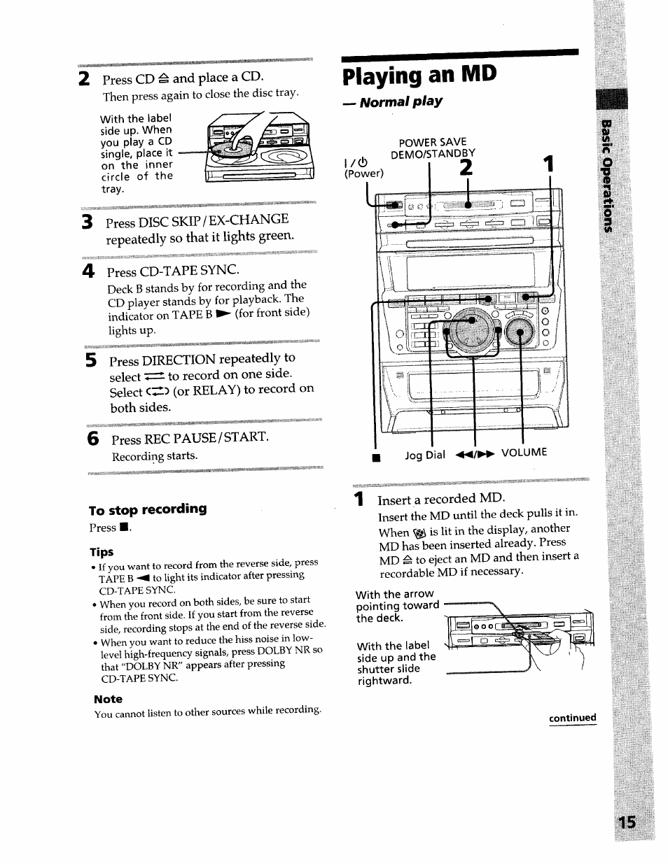 Playing an md, To stop recording, Tips | Note | Sony DHC-MDX10 User Manual | Page 15 / 92