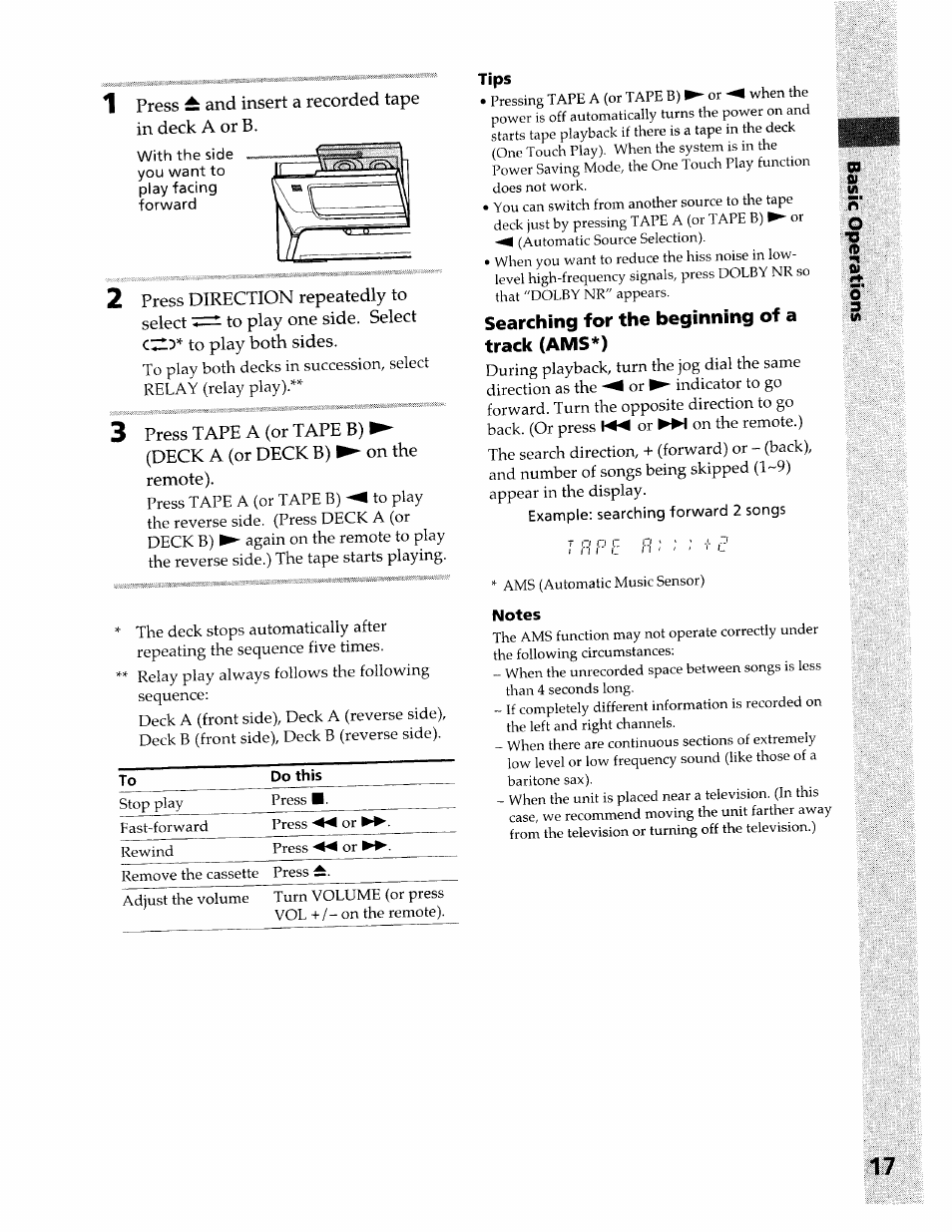 Tips, Searching for the beginning of a track (ams*), Notes | Sony DHC-MDX10 User Manual | Page 17 / 92