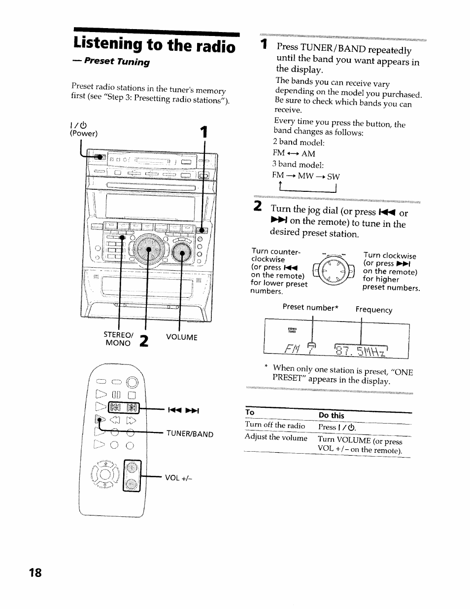Listening to the radio, Preset tuning | Sony DHC-MDX10 User Manual | Page 18 / 92