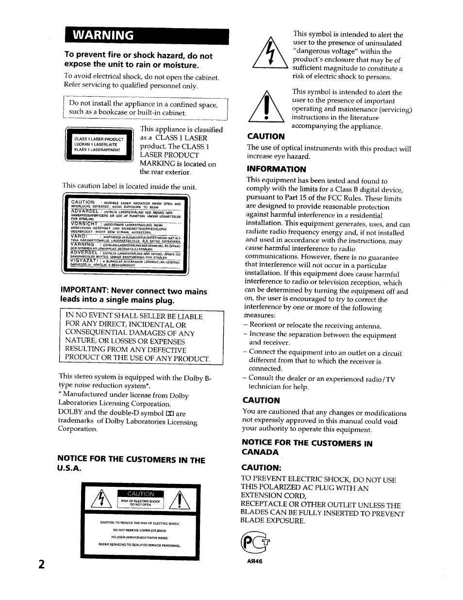 Warning | Sony DHC-MDX10 User Manual | Page 2 / 92
