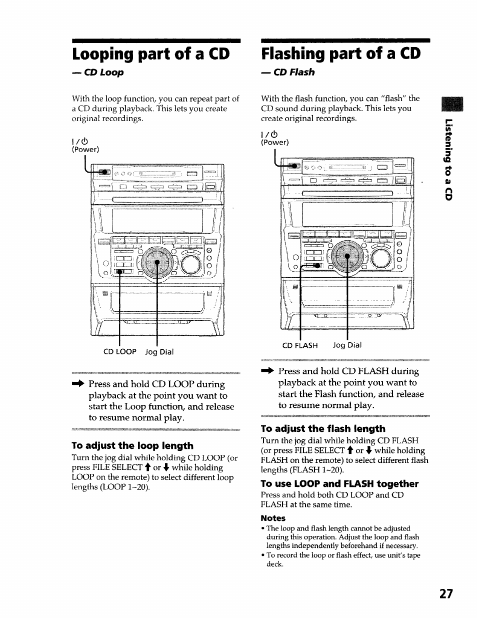 Looping part of a cd, Cd loop, Flashing part of a cd | Cd flash, L/c!), To adjust the flash length, To use loop and flash together, Looping part of a cd flashing part of a cd | Sony DHC-MDX10 User Manual | Page 27 / 92