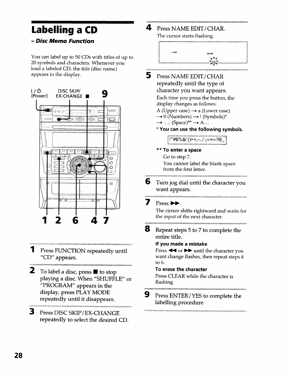 Labelling a cd, You can use the following symbols, To enter a space | If you made a mistake, To erase the character | Sony DHC-MDX10 User Manual | Page 28 / 92