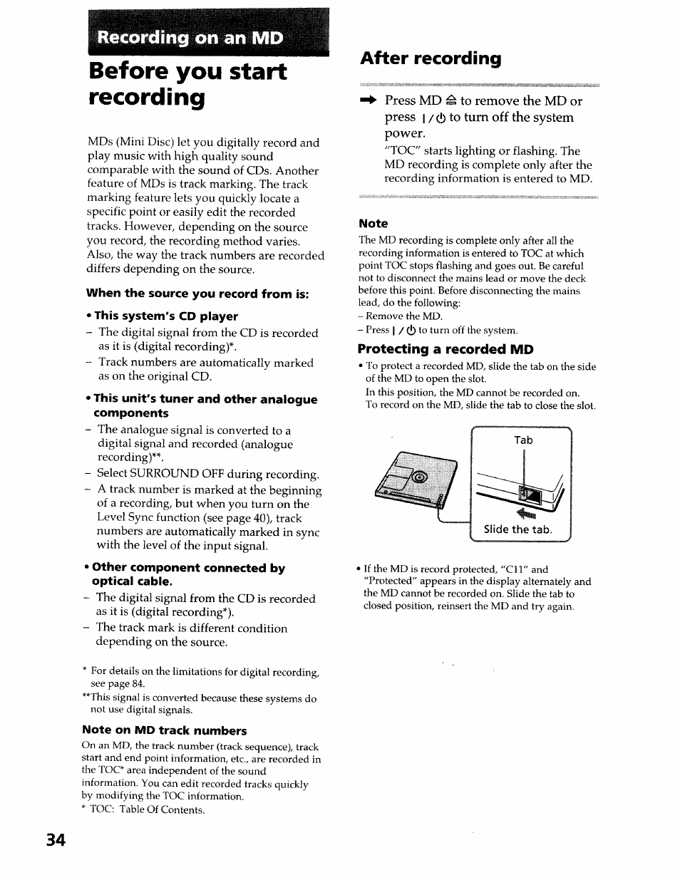 Recording on an md, Before you start recording, After recording | Sony DHC-MDX10 User Manual | Page 34 / 92