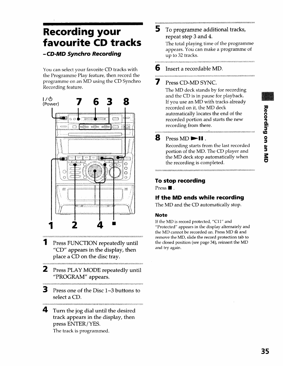 Recording your favourite cd tracks, To stop recording, If the md ends while recording | Sony DHC-MDX10 User Manual | Page 35 / 92