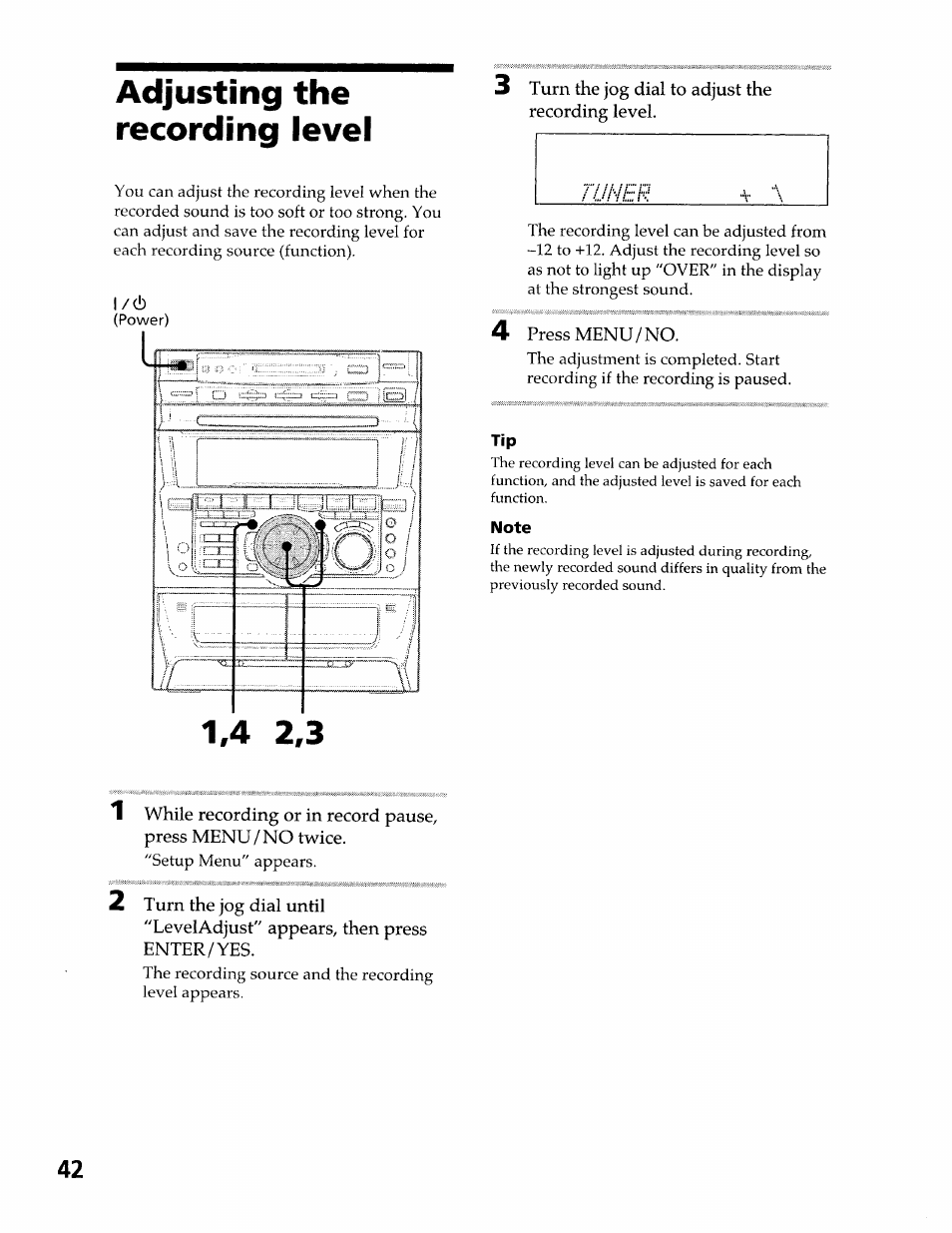 Adjusting the recording level, 3 turn the jog dial to adjust the recording level, 4 press menu/no | Note | Sony DHC-MDX10 User Manual | Page 42 / 92