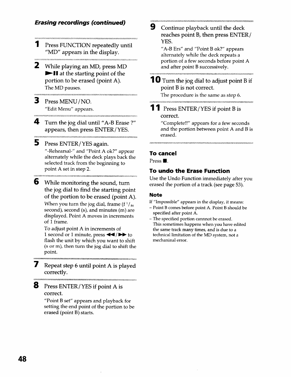 To cancel, To undo the erase function | Sony DHC-MDX10 User Manual | Page 48 / 92
