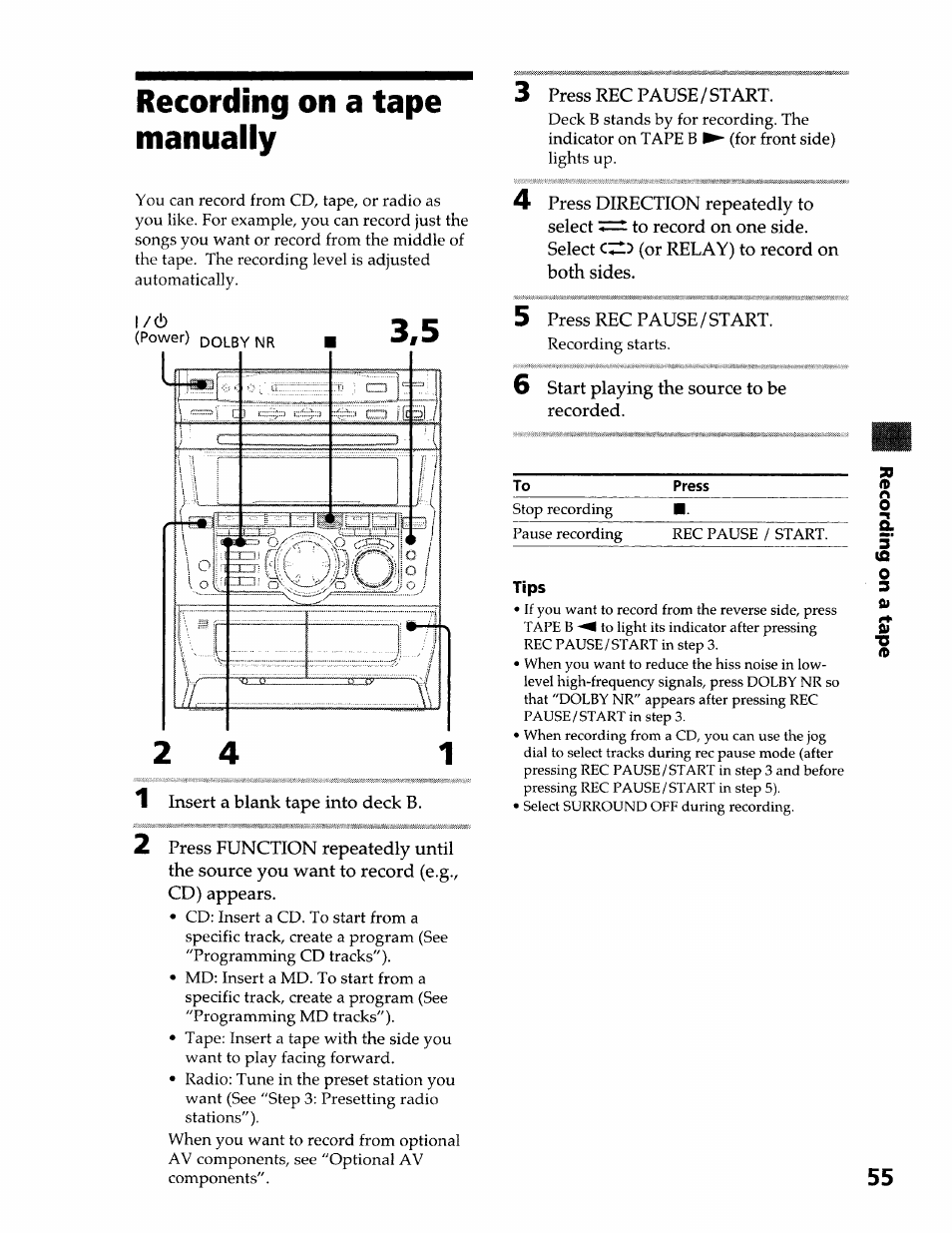Recording on a tape manually | Sony DHC-MDX10 User Manual | Page 55 / 92