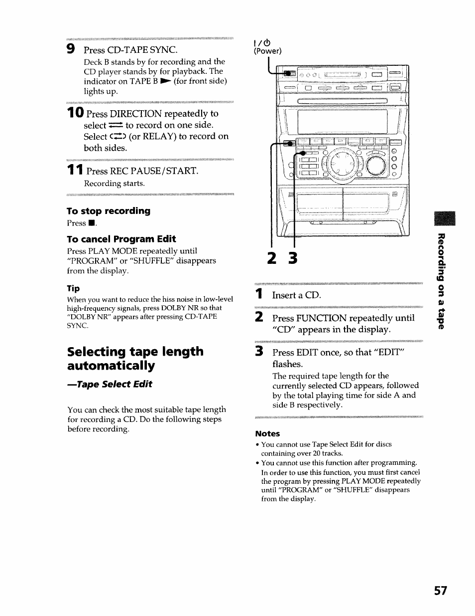 To stop recording, To cancel program edit, Selecting tape length automatically | Notes | Sony DHC-MDX10 User Manual | Page 57 / 92