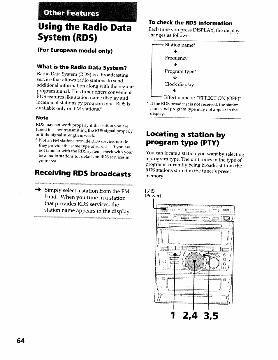 Other features, Using the radio data system (rds), For european model only) | What is the radio data system, Note, Receiving rds broadcasts, To check the rds information, Locating a station by program type (pty) | Sony DHC-MDX10 User Manual | Page 64 / 92