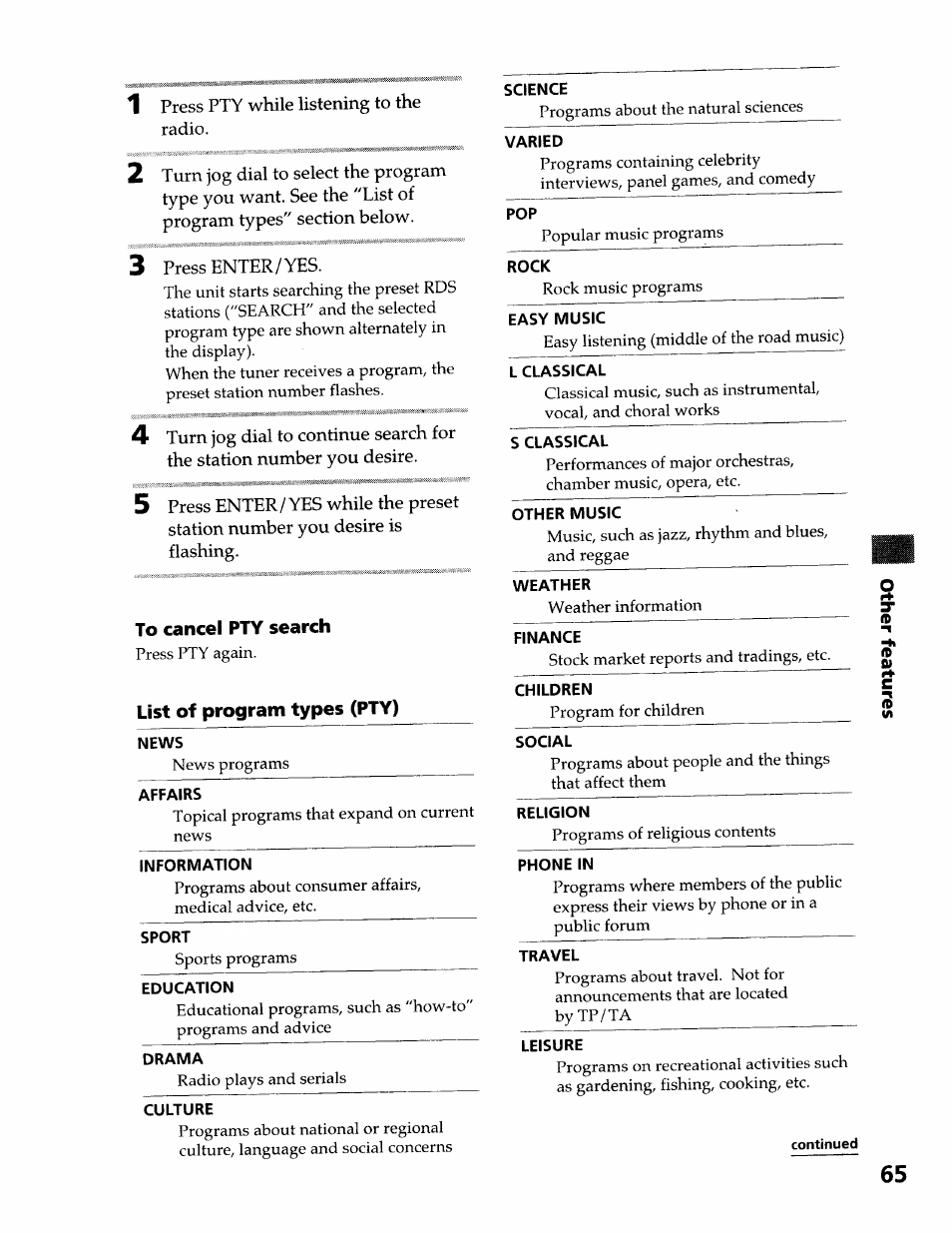 To cancel pty search, List of program types (pty) | Sony DHC-MDX10 User Manual | Page 65 / 92