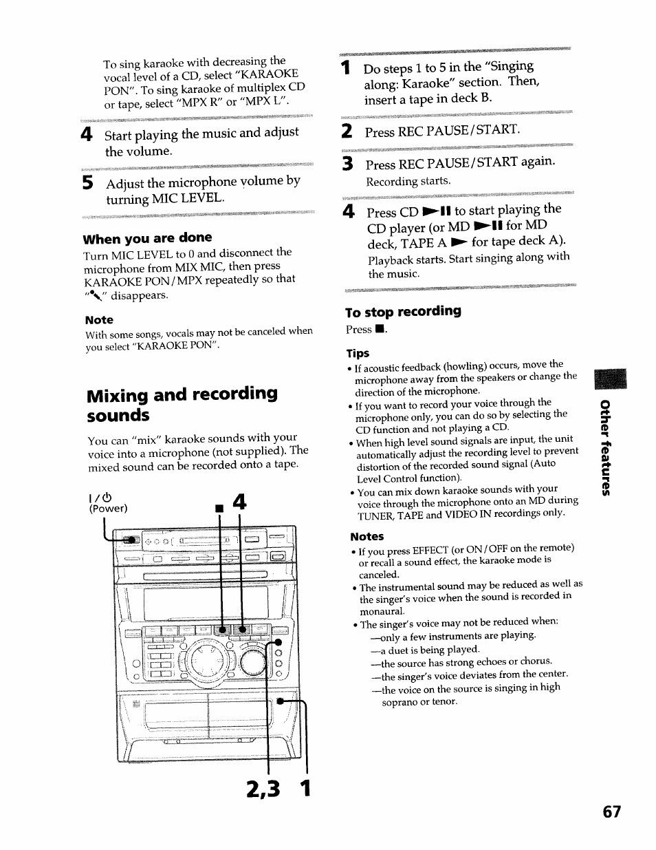When you are done, Note, Mixing and recording sounds | To stop recording, Tips, Notes | Sony DHC-MDX10 User Manual | Page 67 / 92