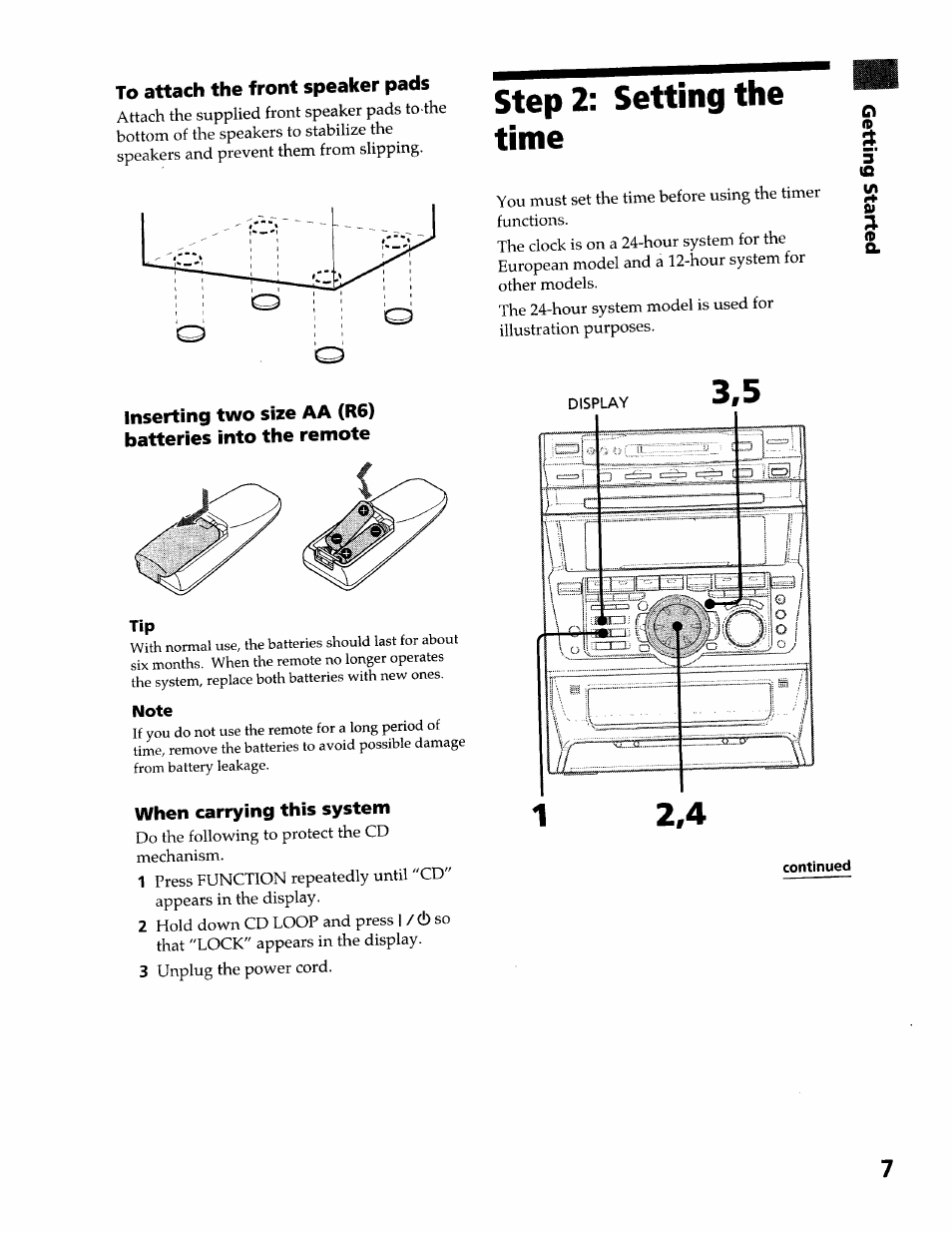 To attach the front speaker pads, Note, When carrying this system | Step 2: setting the time | Sony DHC-MDX10 User Manual | Page 7 / 92