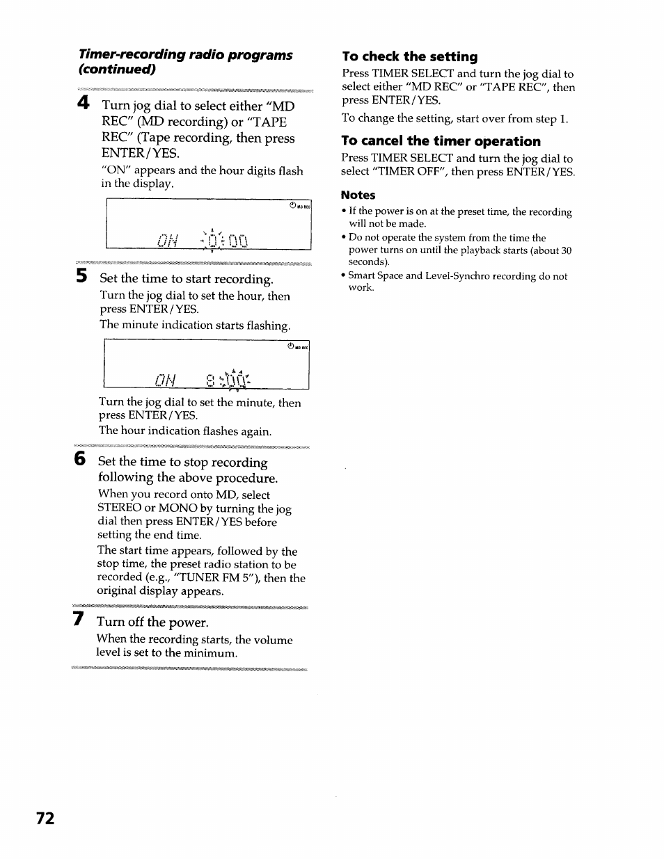 To check the setting, To cancel the timer operation, Notes | Sony DHC-MDX10 User Manual | Page 72 / 92