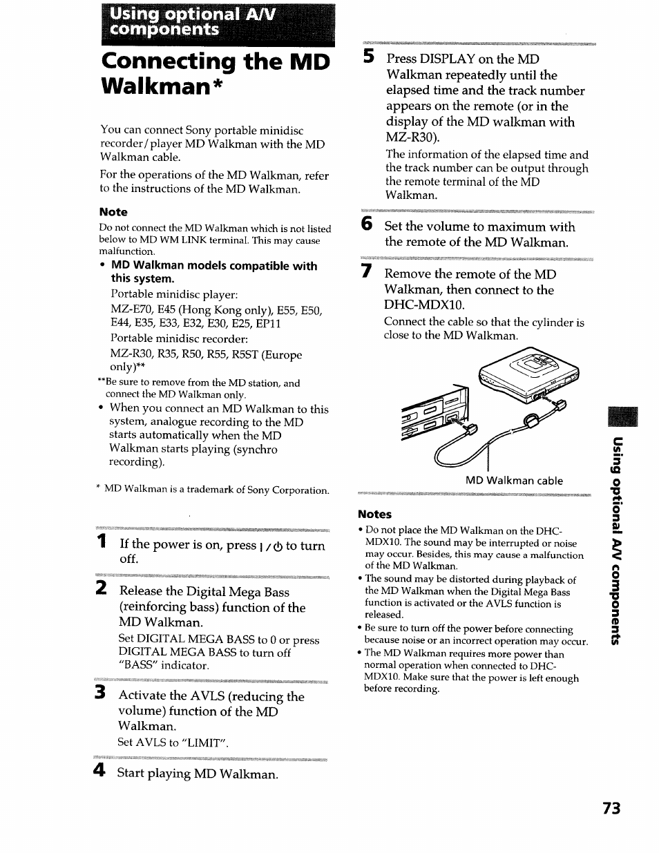 Using optional ai\f components, Connecting the md walkman, Note | Md walkman models compatible with this system, Using optional, Components, Ai\f | Sony DHC-MDX10 User Manual | Page 73 / 92