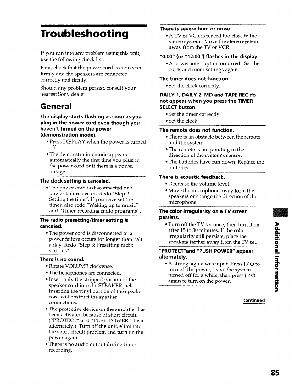 H'oubleshooting, General, Troubleshooting | Sony DHC-MDX10 User Manual | Page 85 / 92