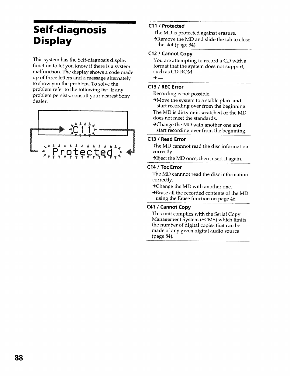 Cl 1 / protected, C12 / cannot copy, C13 / rec error | C13 / read error, C41 / cannot copy, Self-diagnosis display | Sony DHC-MDX10 User Manual | Page 88 / 92