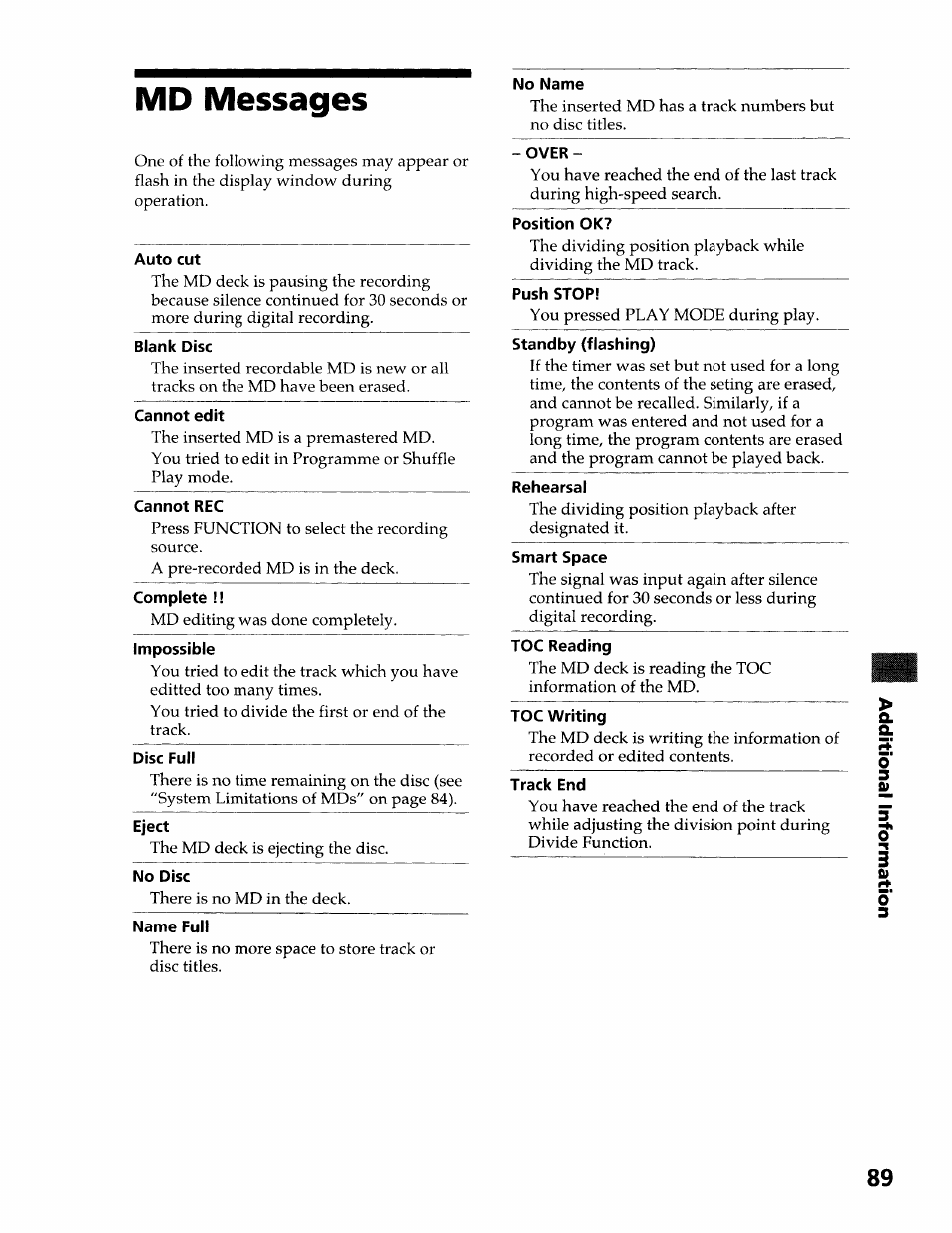 Md messages, Auto cut, Blank disc | Cannot edit, Cannot rec, Complete, Impossible, Disc full, Eject, No disc | Sony DHC-MDX10 User Manual | Page 89 / 92