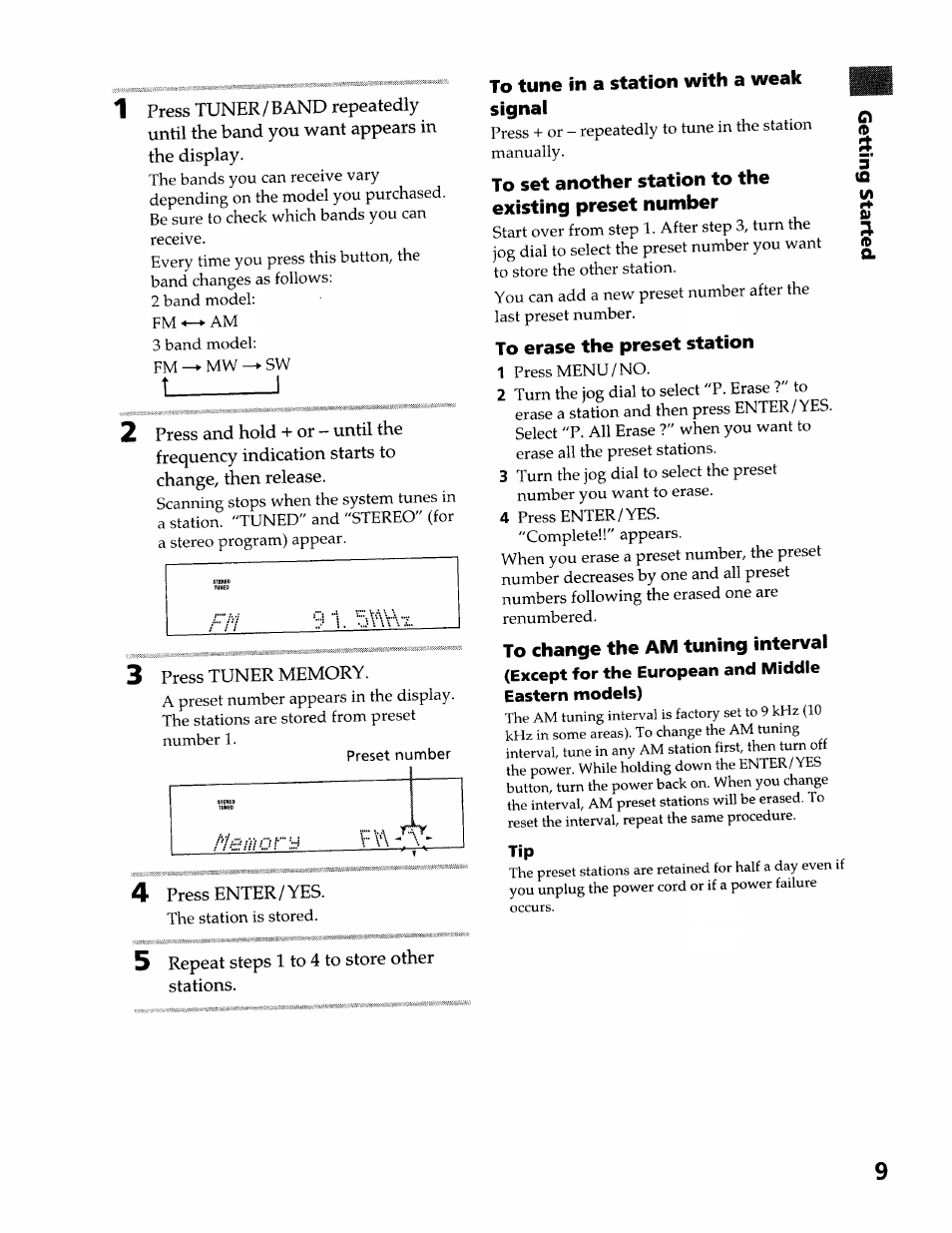 Press tuner memory, To tune in a station with a weak signal, To erase the preset station | Pi sin or y | Sony DHC-MDX10 User Manual | Page 9 / 92