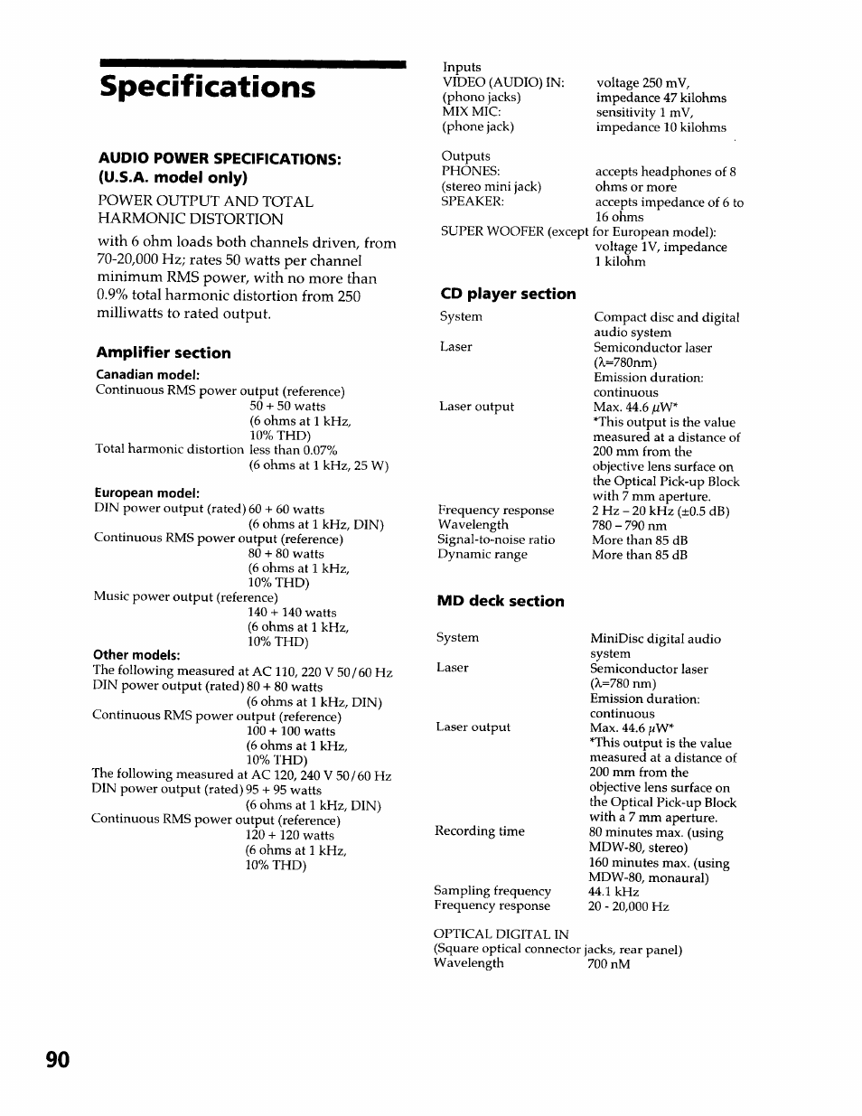 Specifications | Sony DHC-MDX10 User Manual | Page 90 / 92