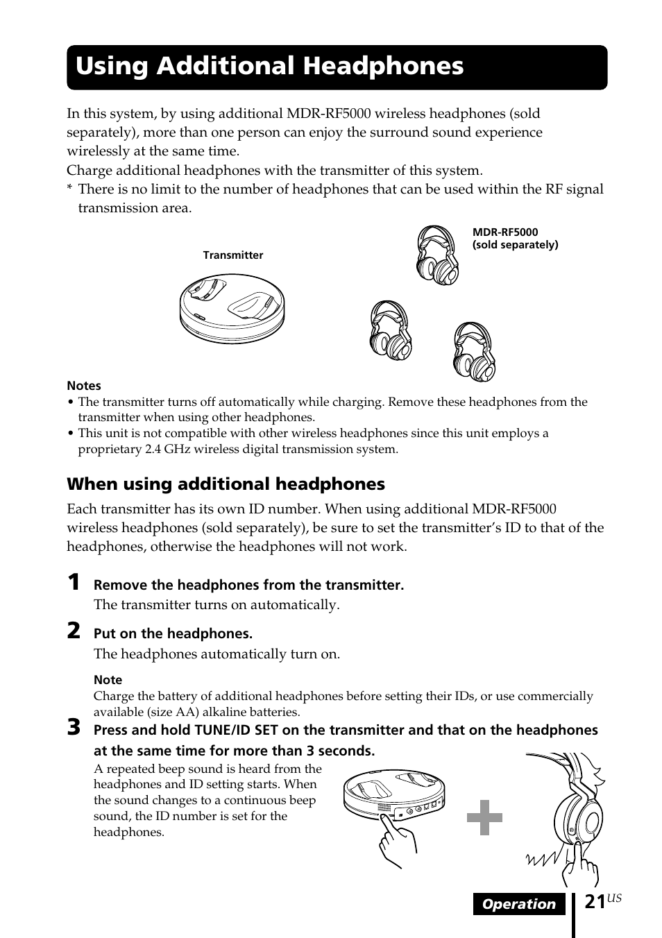 Using additional headphones | Sony MDR-RF5000K User Manual | Page 21 / 88