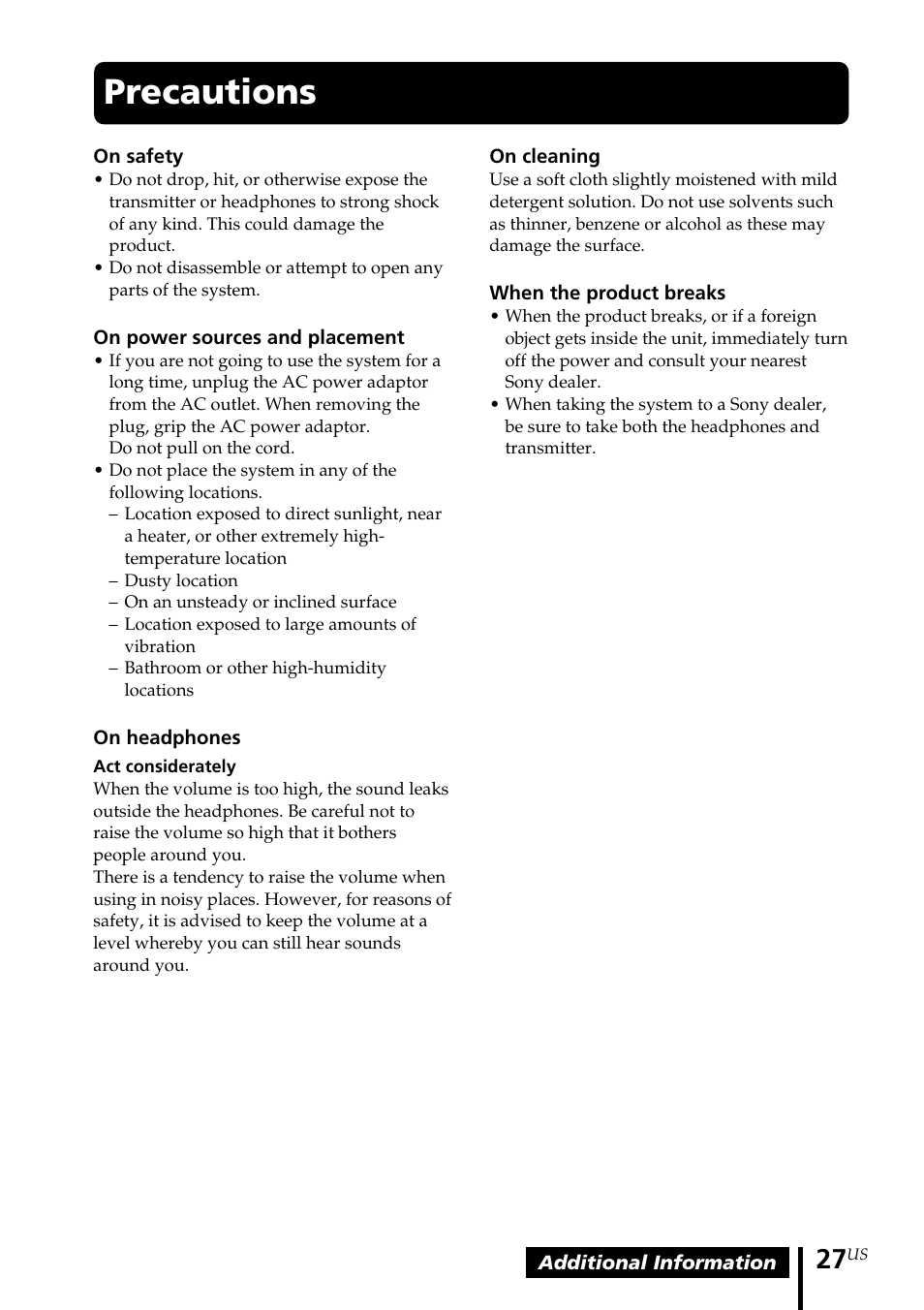 Precautions | Sony MDR-RF5000K User Manual | Page 27 / 88