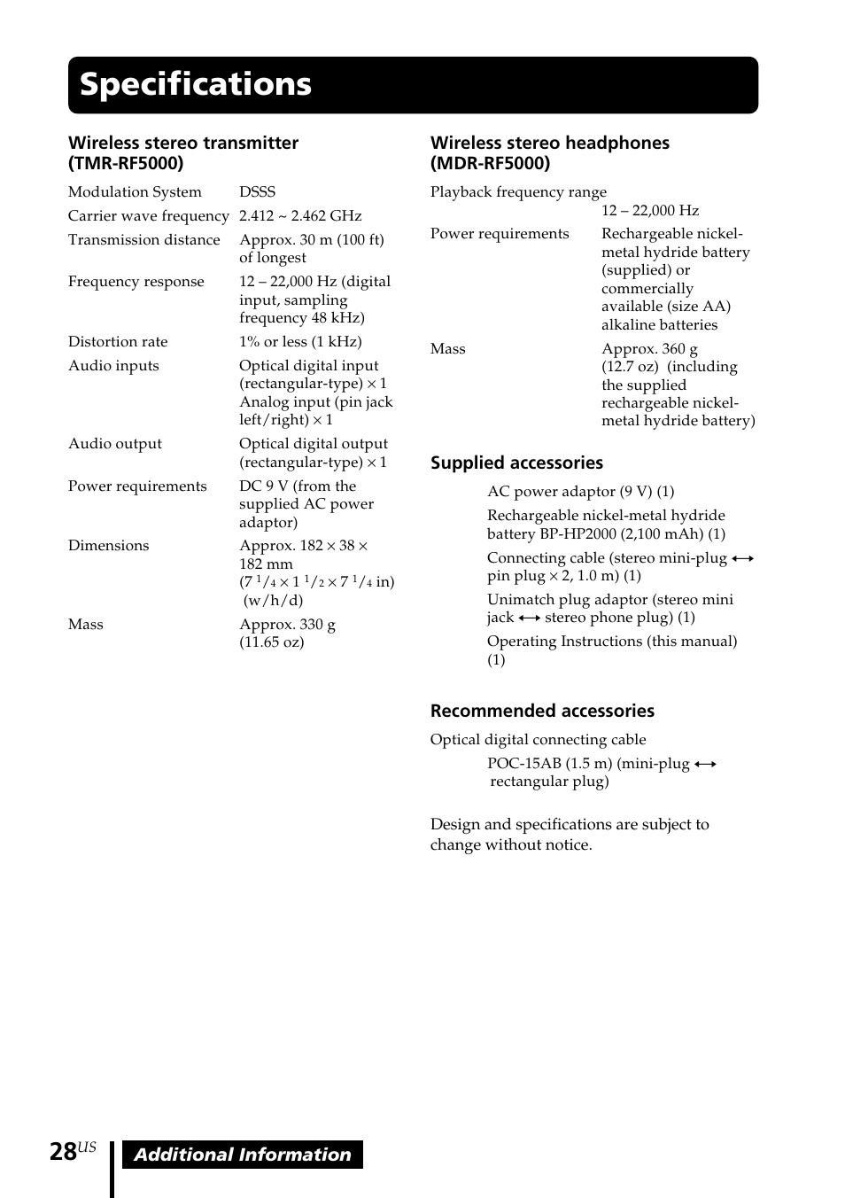 Specifications | Sony MDR-RF5000K User Manual | Page 28 / 88