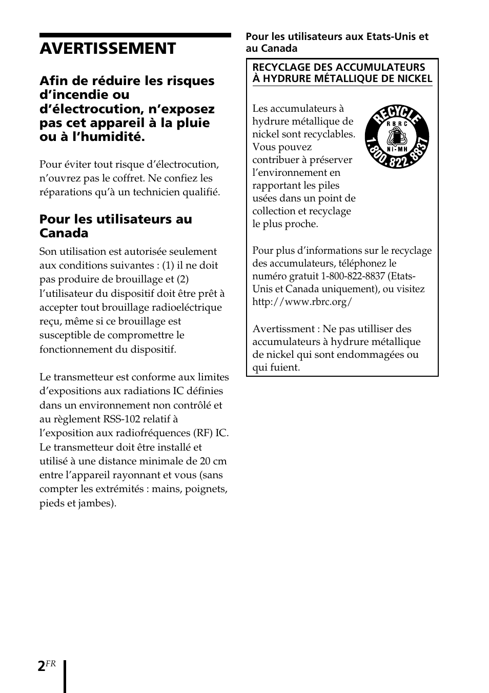 Mode d’emploi, Avertissement | Sony MDR-RF5000K User Manual | Page 30 / 88