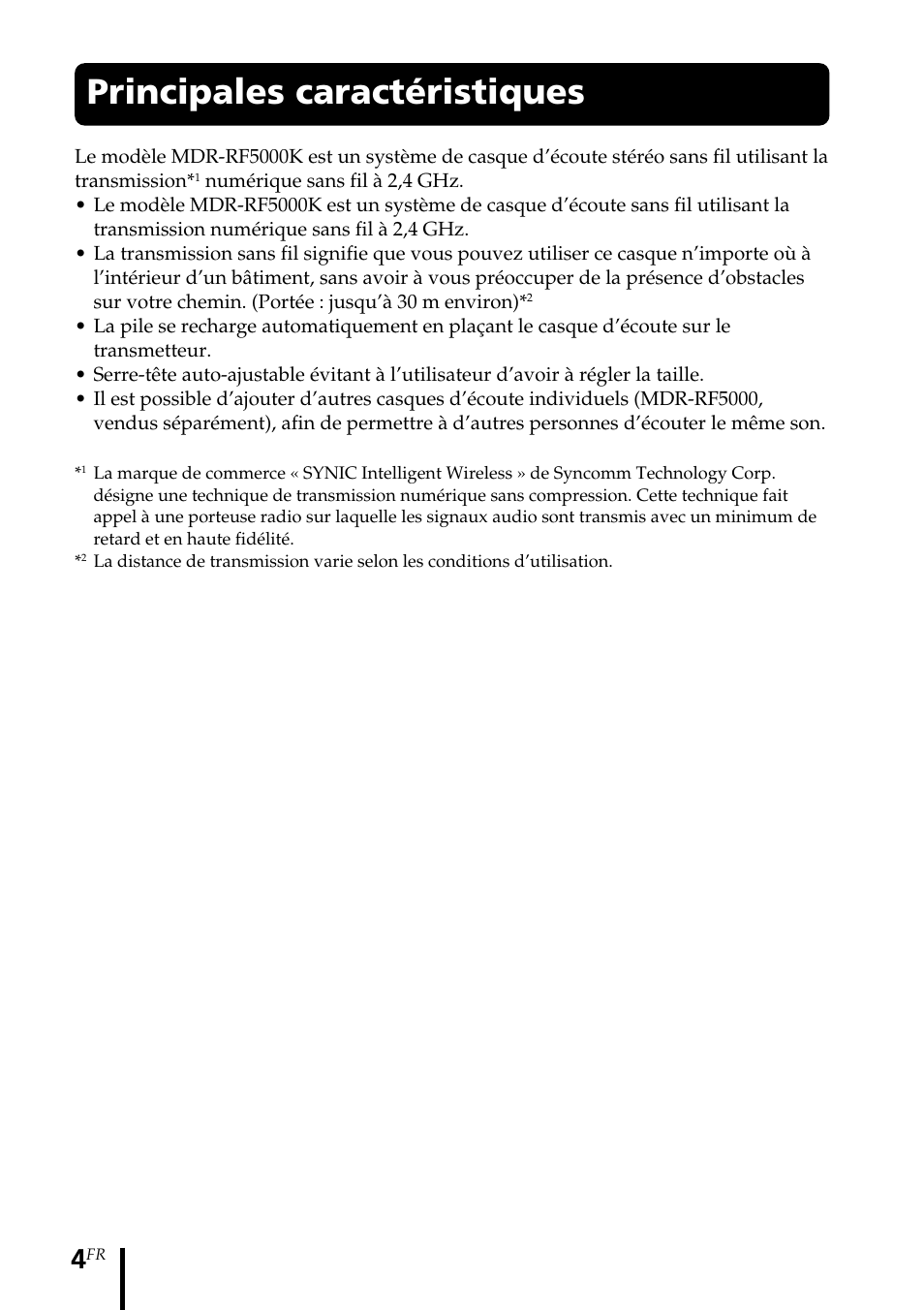 Principales caractéristiques | Sony MDR-RF5000K User Manual | Page 32 / 88