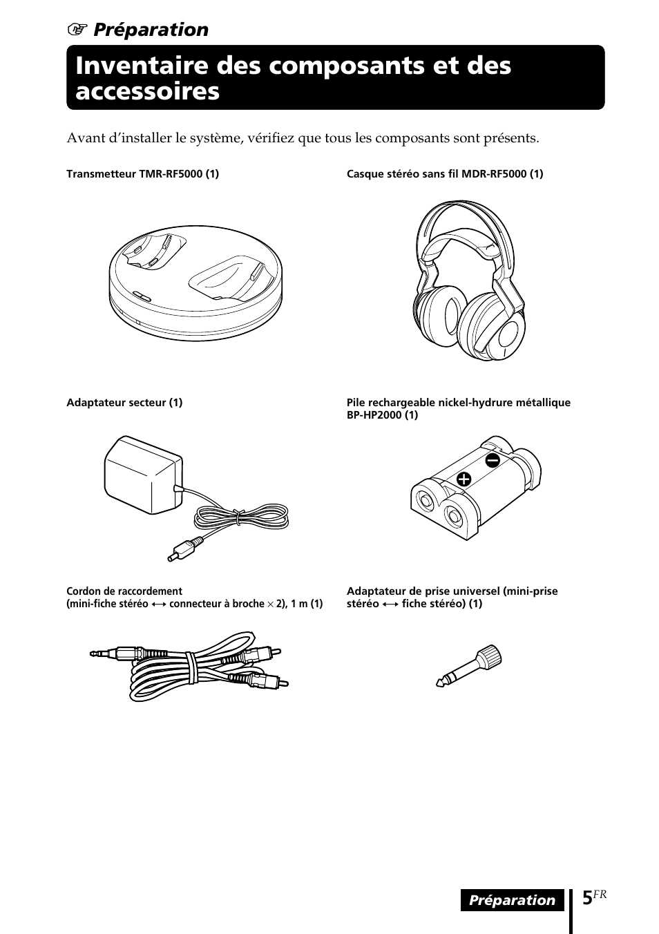 Inventaire des composants et des accessoires, Inventaire des composants et, Des accessoires | 1 préparation | Sony MDR-RF5000K User Manual | Page 33 / 88