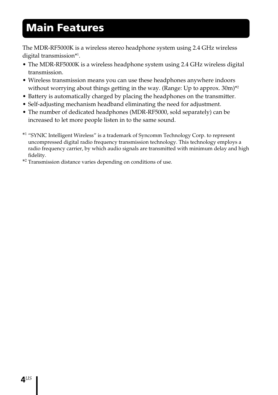 Main features | Sony MDR-RF5000K User Manual | Page 4 / 88