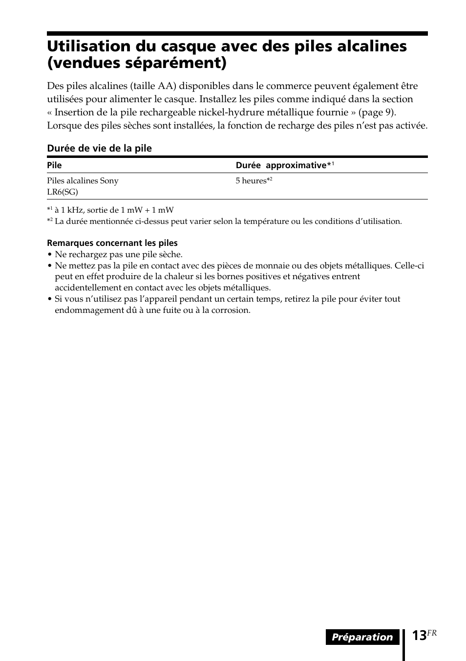 Utilisation du casque avec des piles, Alcalines (vendues séparément) | Sony MDR-RF5000K User Manual | Page 41 / 88