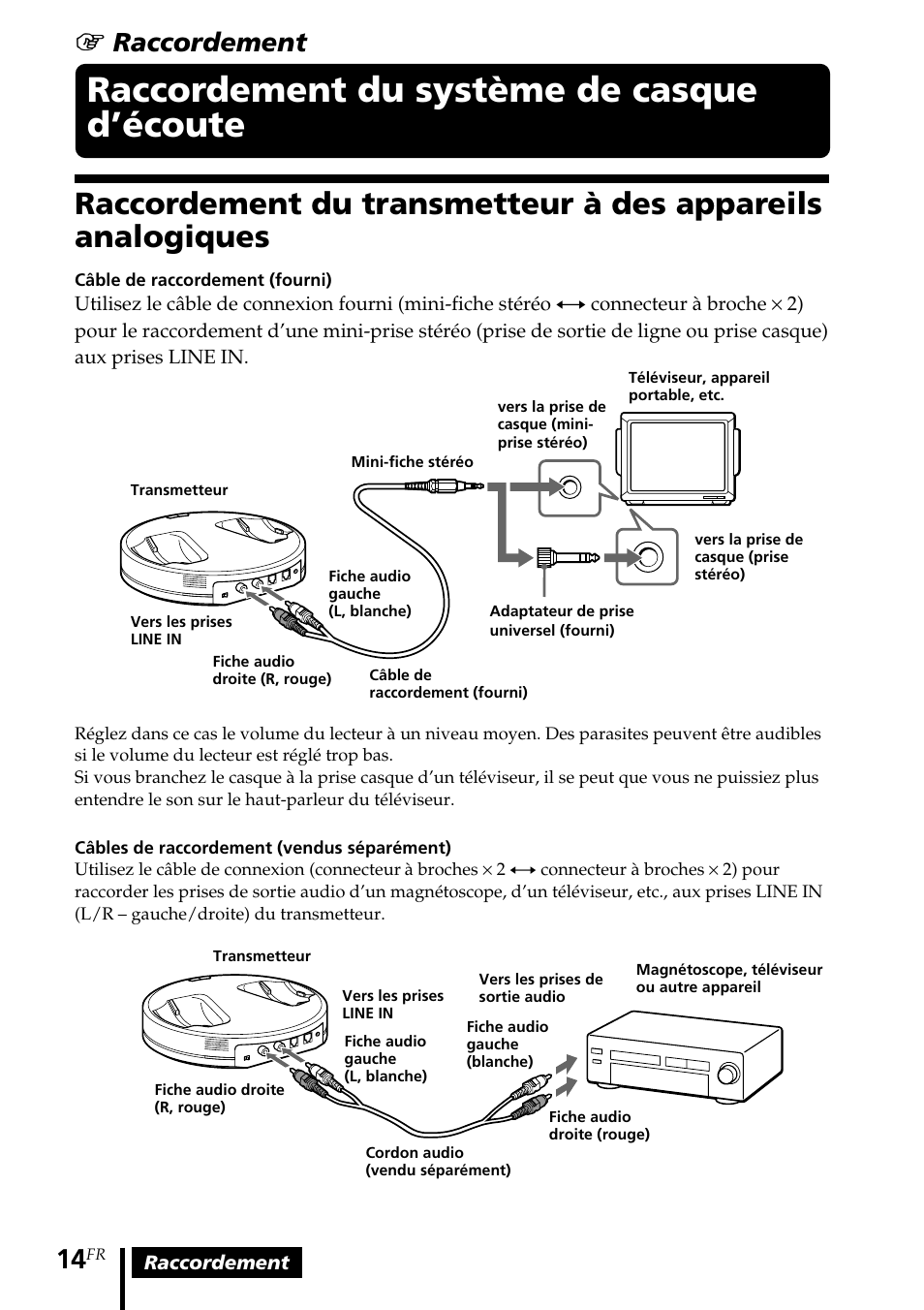 Raccordement du système de casque d’écoute, Raccordement du système de, Casque d’écoute | Raccordement du transmetteur à, Des appareils analogiques, 1 raccordement | Sony MDR-RF5000K User Manual | Page 42 / 88