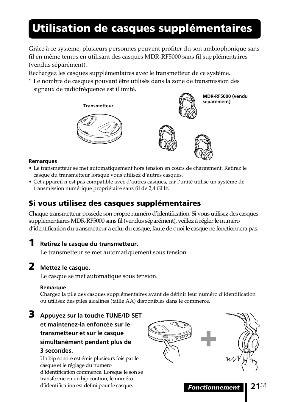 Utilisation de casques supplémentaires, Utilisation de casques, Supplémentaires | Sony MDR-RF5000K User Manual | Page 49 / 88