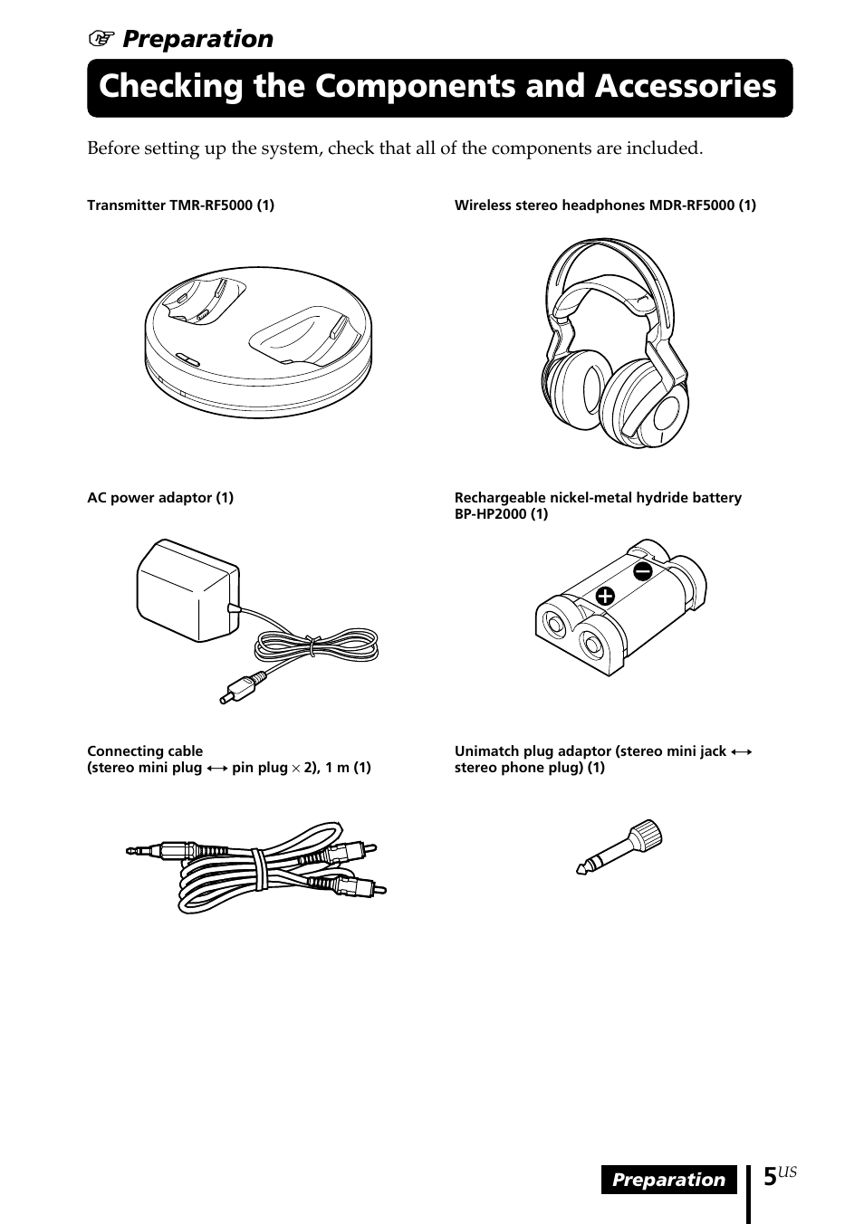 Checking the components and accessories, Checking the components and, Accessories | 1 preparation | Sony MDR-RF5000K User Manual | Page 5 / 88