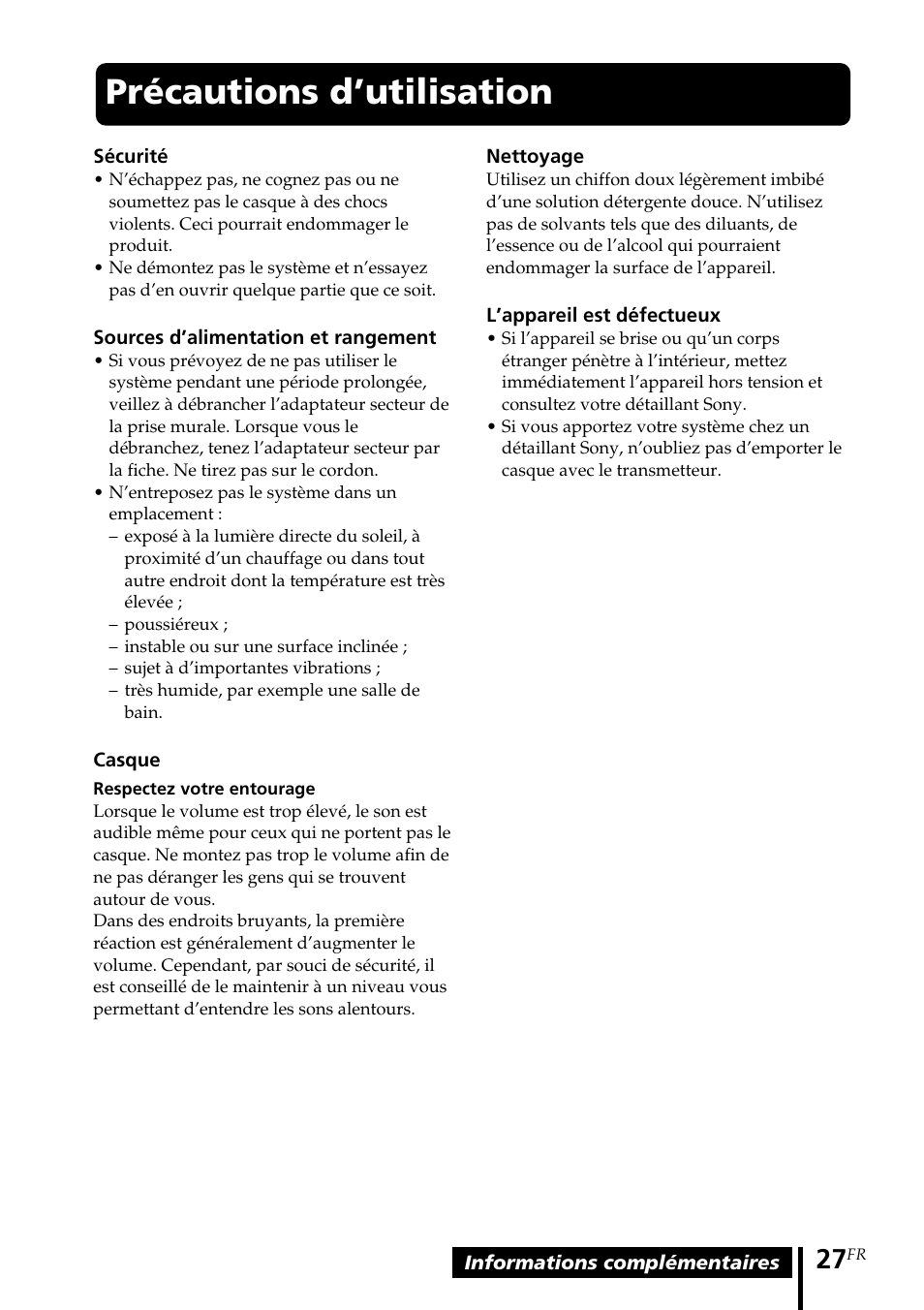 Précautions d’utilisation | Sony MDR-RF5000K User Manual | Page 55 / 88
