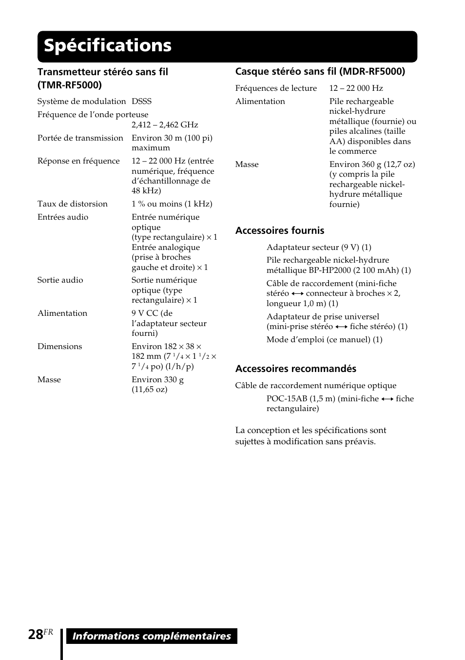 Spécifications | Sony MDR-RF5000K User Manual | Page 56 / 88