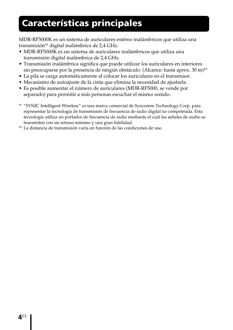 Características principales | Sony MDR-RF5000K User Manual | Page 60 / 88